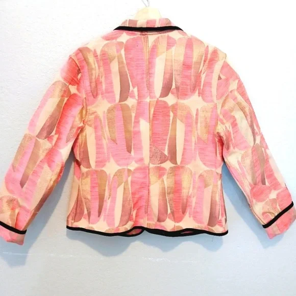Khangura Pink, Cream & Tan Tapestry Pattern Blazer Black Trim Sz Large Like New - Picture 7 of 9